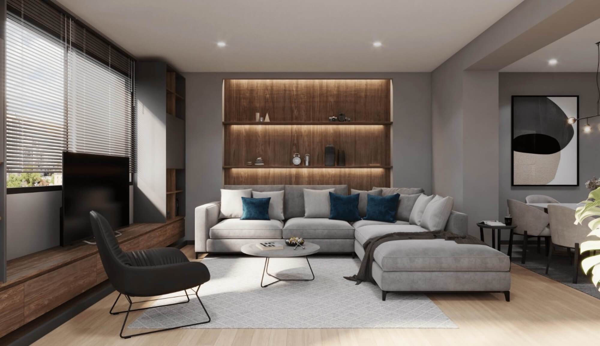 Proyecto de interiorismo con salón comedor contemporáneo, sofá modular, iluminación integrada y acabados en madera.